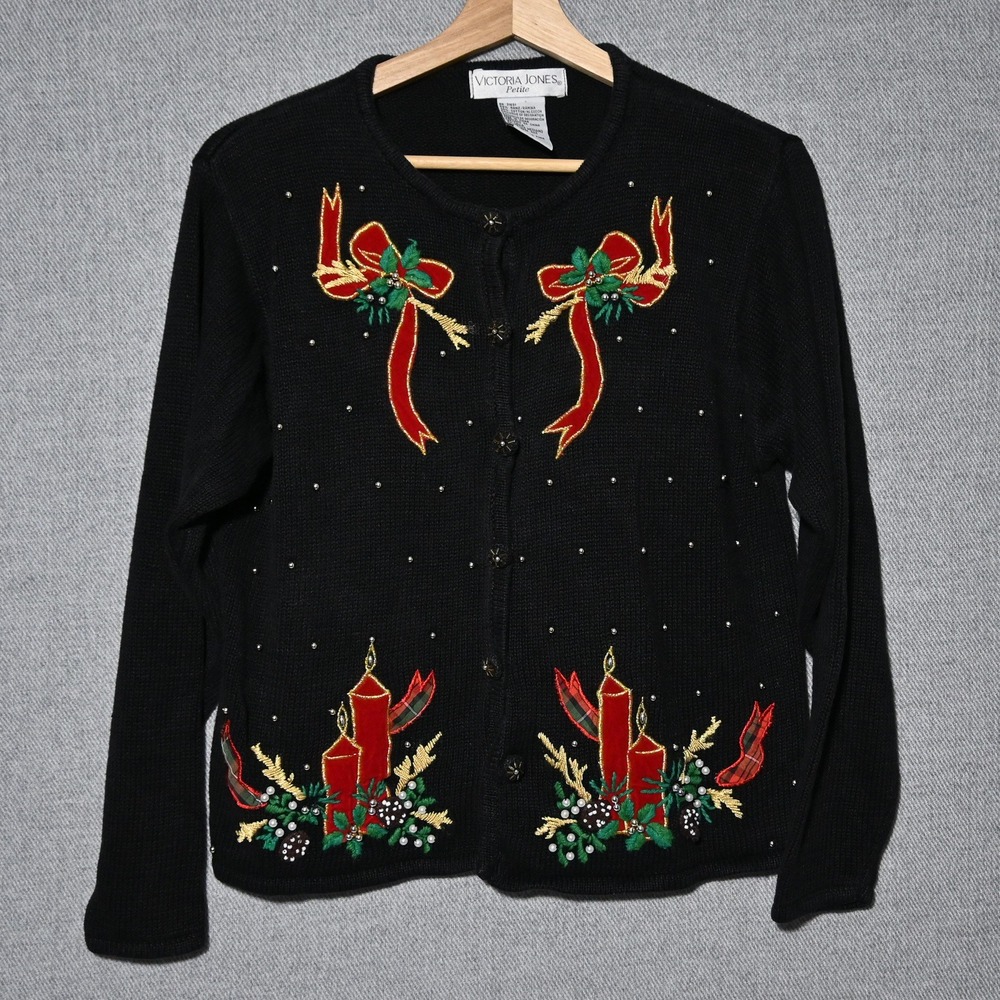 Victoria Jones Cardigan Womens Christmas Embroidered Beaded PM Black